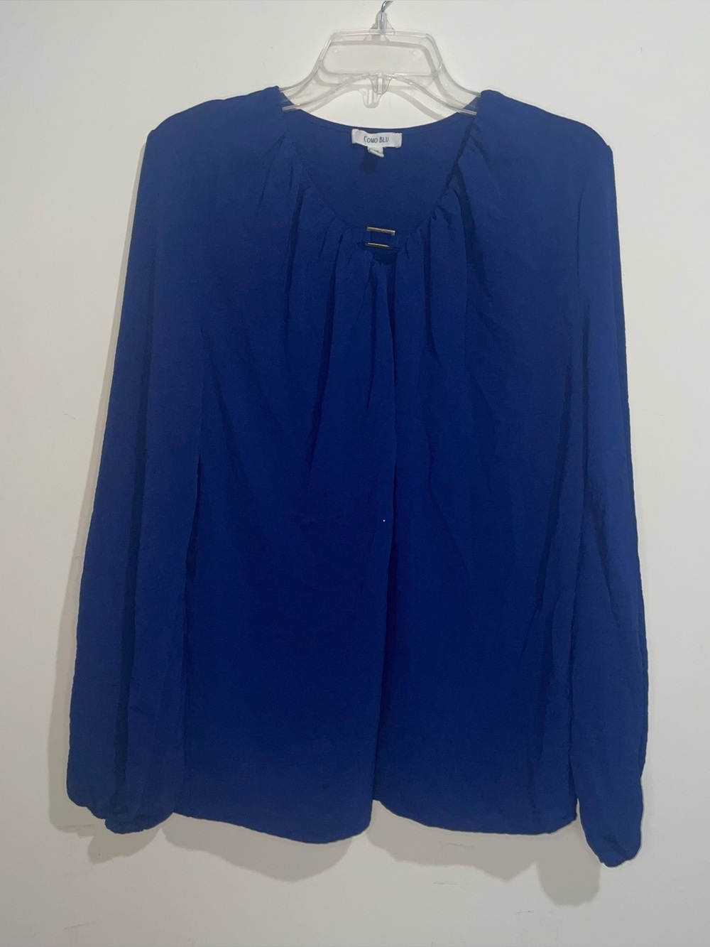Como Blu Royal Blue L Gold Metal Embellished Neckline Long Sleeve Blouse